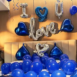 I Love You for Him/Her Balloons 53pcs Royal Blue and Sliver balloon kit Include 18 Inch Heart Shaped Balloons and 500 Blue Artificial Rose Petals Romantic Decoration Kit for Valentines Party