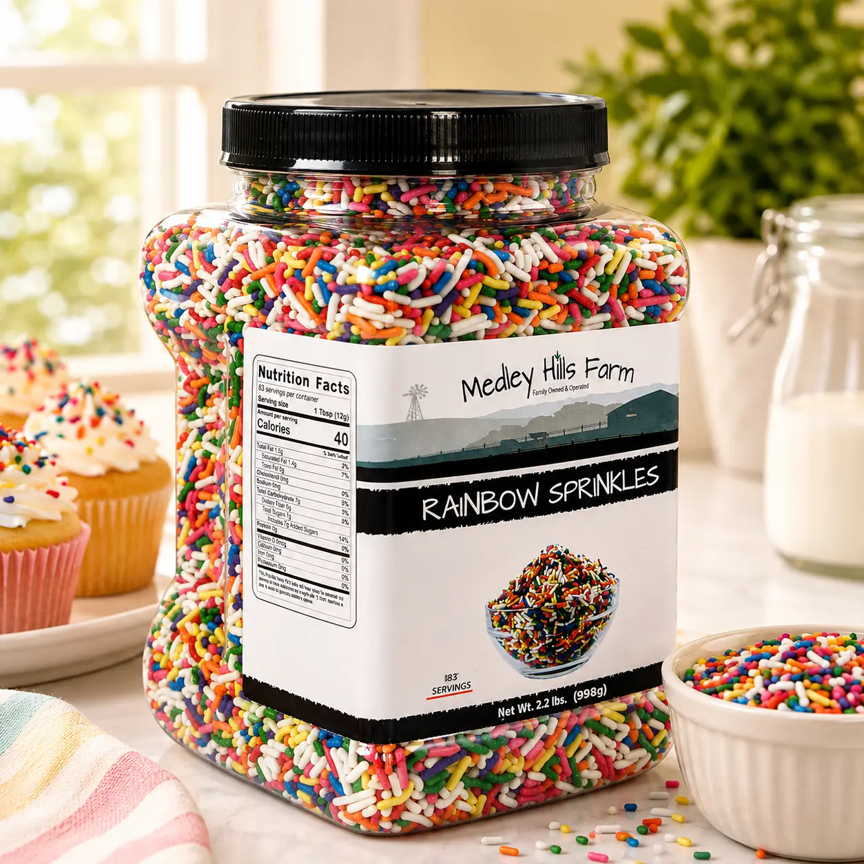 Medley Hills Farm Rainbow Sprinkles - 2.2 Lbs Reusable Container Bulk Baking Decorations for Cakes, Cookies, Ice Cream Toppings