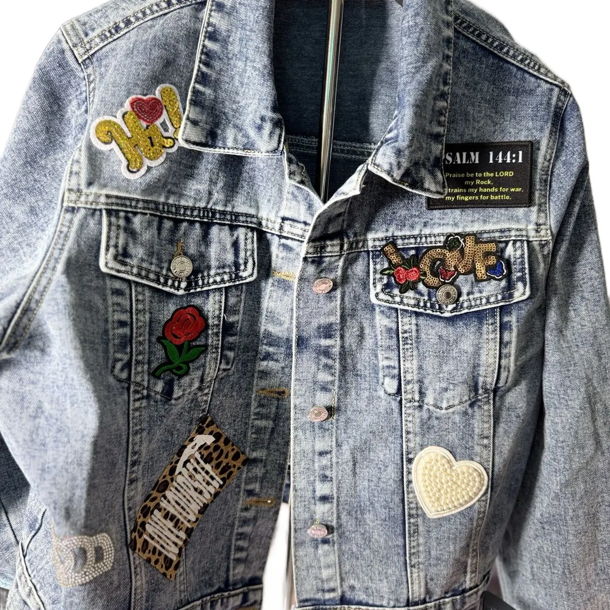PATCHWORKZ Women's Denim Jacket with Patched and Pressed Vinyl - Casual Style - Womenswear Customized Everyday Piece Comfort Outerwear