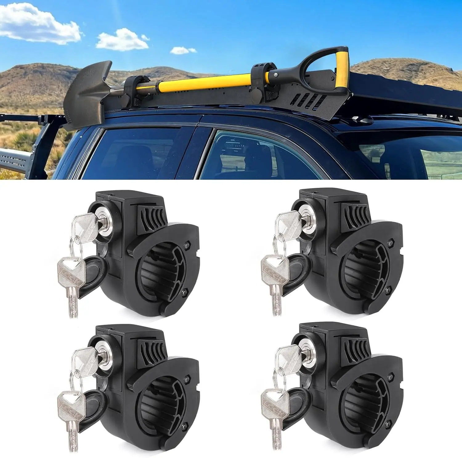 Z8 Model Nylon Tool Holding Kit (4PCS Shovel Holder) with Rubber Grip, Lock, 4 Keys - Fits 0.79"-1.79" Tool Handles, Quick-Release for Off-Road Veh, Outdoor Accessories, Roof Racks