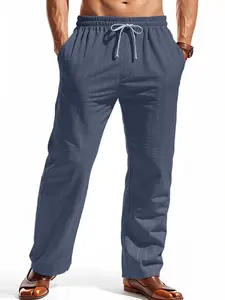 Men's Striped Linen Long Pants, Drawstring Waist Loose Straight Leg, Breathable Sweat-Absorbing Fabric, Summer Commute Beach Vacation