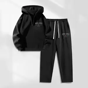 Men’s Milan Letter Print Zipper-Collar Hoodie & Drawstring Sweatpants Set with Pockets, Casual Athletic Long Sleeve Hooded Jacket and Jogger Pants, Fall Winter Activewear, Everyday Wear for Indoor & Outdoor Sports, Tracksuit Set