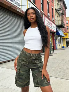 American Vintage Camouflage Multi-Pocket Workwear Pants, Loose Wide Leg Street Style Streetwear, Slimming Five-Quarter Jeans for Women, Womenswear, Front Pocket Shorts