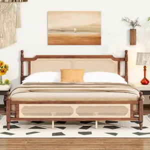 King Size Bed with Rattan Headboard  and Footboard, Pine Wooden Platform Bed Frame with  Central Enhanced Bed Platform, No Box Spring Needed