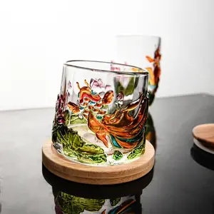 Mystical Eastern Painted Glass Tumbler with Base, Whiskey Cup, Creative Glassware, Koi Lotus Design, High-End Artistic Drinkware