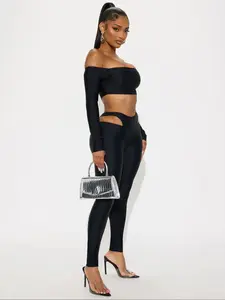 Women's Fashion Chic Plain Fitted Shoulder-Exposed Long Sleeve Crop Top + Hollow Out Pants Set, Casual Comfortable Womenswear Spring Autumn