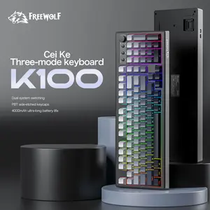 Freewolf K100 Triple Mode Keyboard, USB Rechargeable Keyboard, 4000mah Battery, Pbt Material Side-Print Keycaps, LED Backlit Keyboard, RGB Lighting, Ergonomic Design, Gaming & Office Use