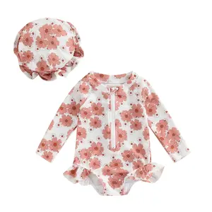 Infant Toddler Baby Girls Long Sleeve Floral Swimsuit Rashguard Swimwear Ruffle Bathing Suit with Swim Cap
