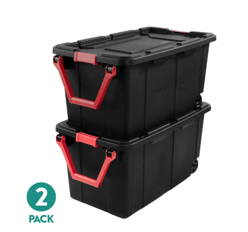40-Gallon Black Wheeled Storage Bin – Extra-Large Plastic Tote with Latching Lid & Pull Handle, 2-Pack