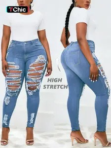 New Summer Bestseller Plus Size Butt-Lifting Ripped Jeans, Street Style Streetwear Cut-Out Denim Jeans, Skinny Fit Elastic Ripped Jean Long Pants