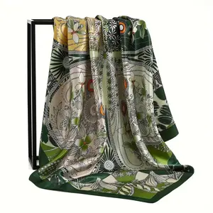 90X90Cm Retro Print Satin Square Scarf, Versatile Silky Head Wrap Shawl, Plant Pattern,Elegant Green Satin Square Headscarf - Bohemian Style, Breathable, Decorative Print Design,Reliable For Outdoor Wear, Outdoor Headwear| Bohemian Style Scarf,Head Scarf