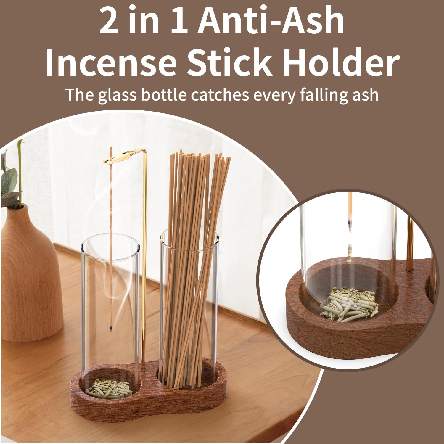 2 in 1 Incense Holder for Sticks, Anti-Ash Incense Holder, Upside Down Incense Burner Holder with Glass Ash Catcher & Incense Storage for Yoga Spa Meditation Home Decor