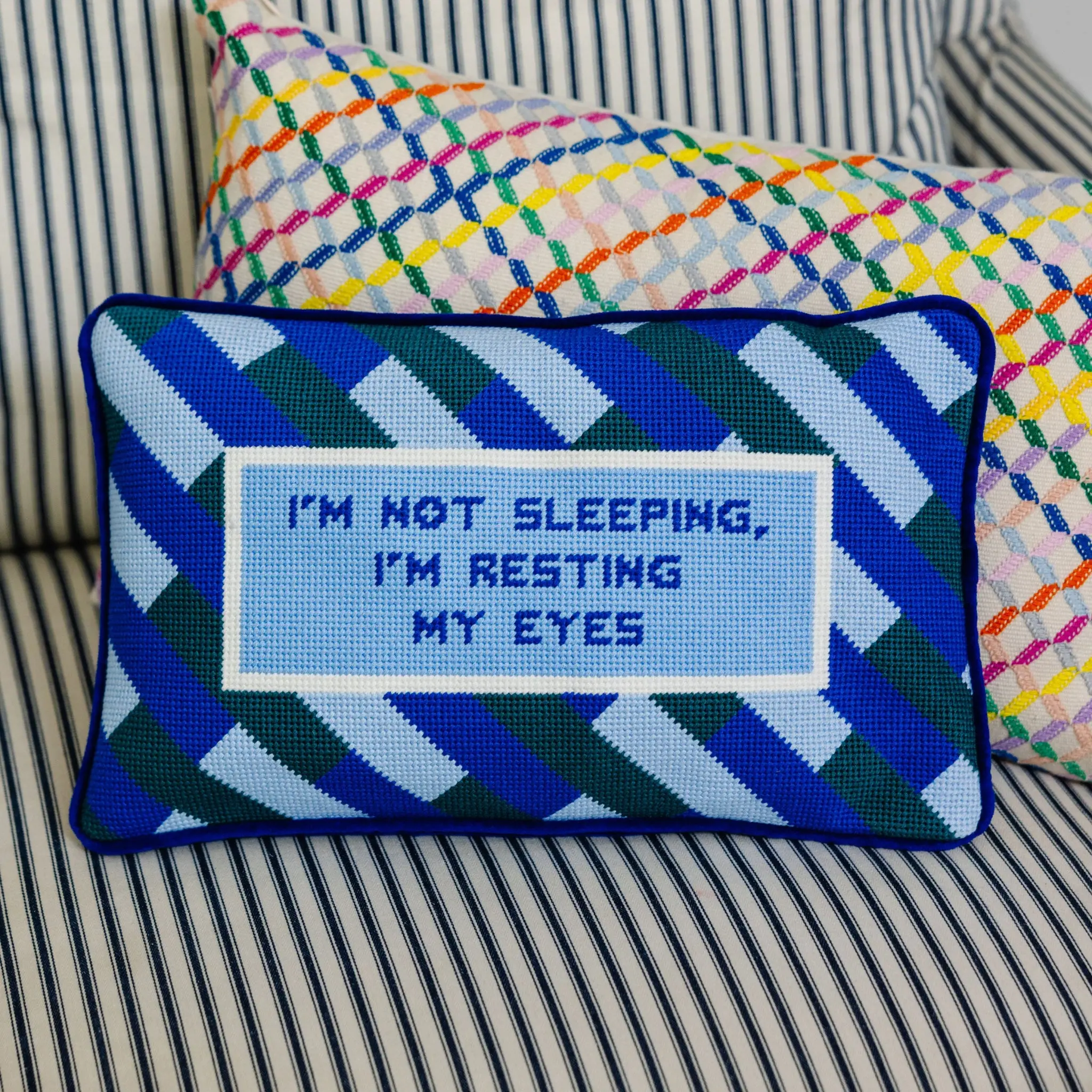 Needlepoint Rest Pillow with Humorous Quote, Playful Print – Soft Furnishing for Relaxation