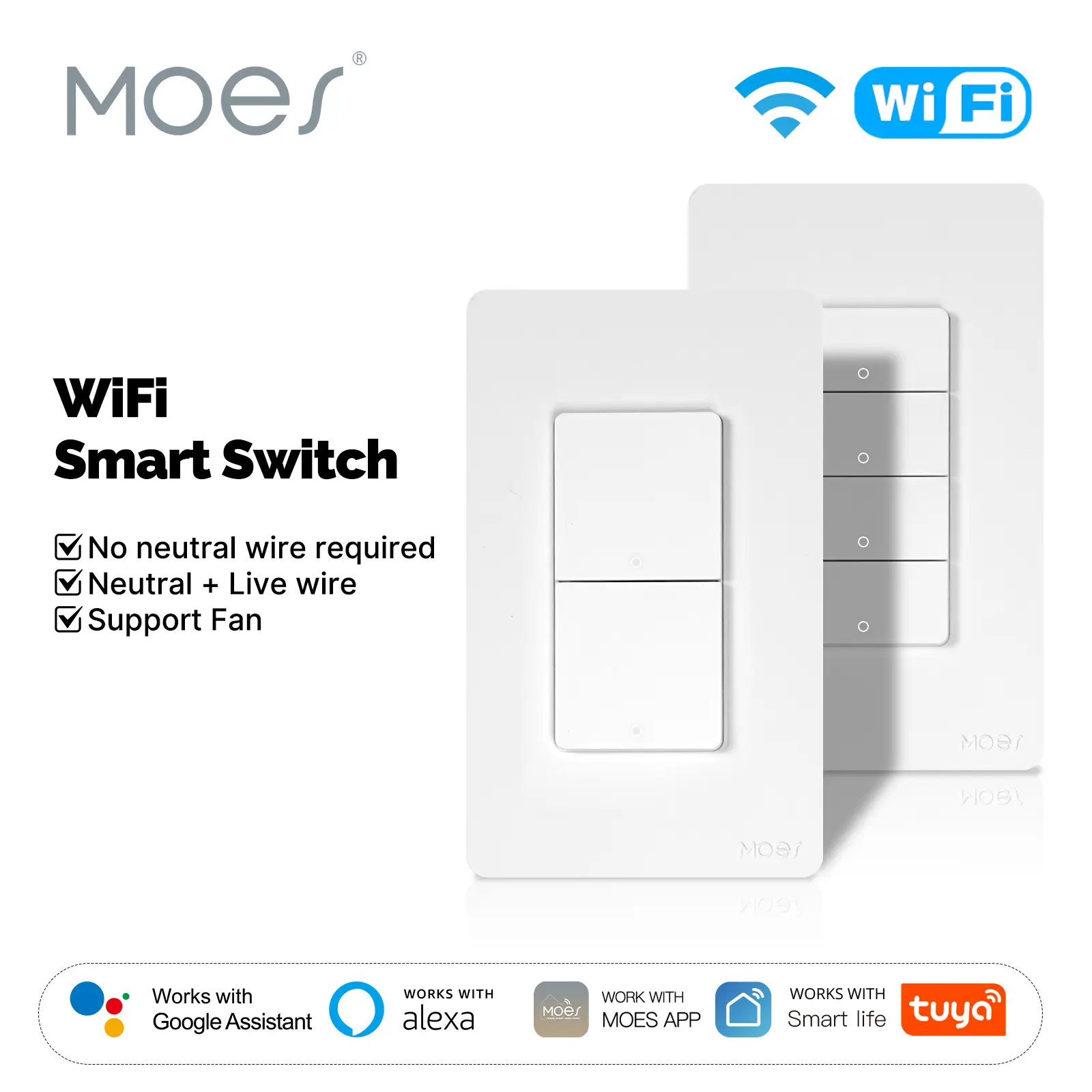 MOES US 1/2/3/4 Gang WiFi Smart Switch for Every Home, Works with Alexa & Google Home - Supports Hands-Free Voice Control, Multi-Control Association (3-Way Style), Fireproof Glass Touch Panel.