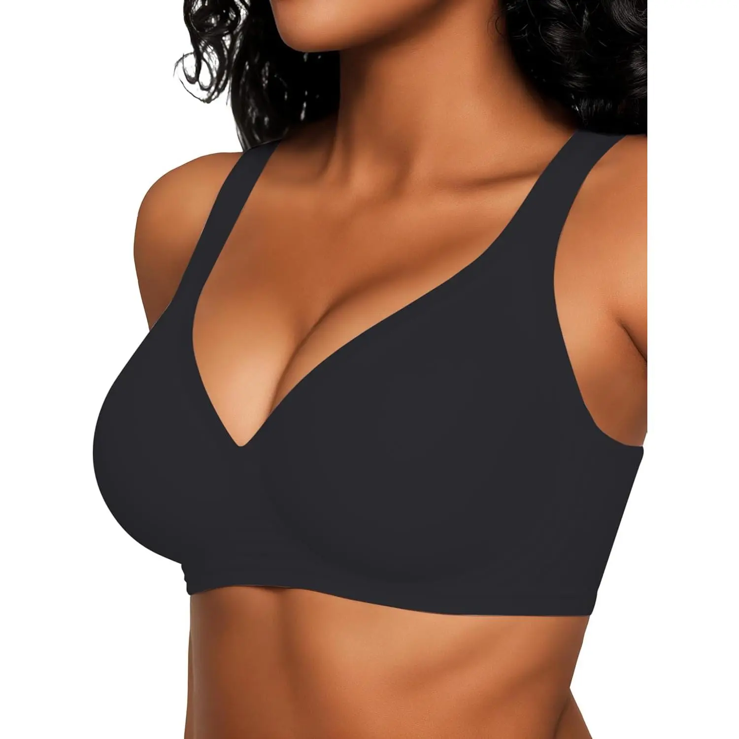 Women's Wireless Seamless Plunge Push-Up Bralette - Cotton, Smooth, Stylish, Elegance, Comfortable, Unlined, Basic Minimalist Black Everyday Essential Push Up Bras for Women