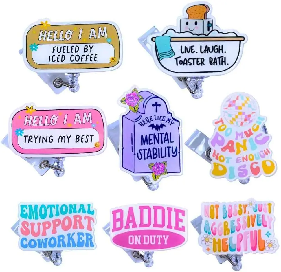 8 PC Funny Design Retractable Badge Holders with ID Card Clip, Premium Materials, Bulk Office/Healthcare Identification Supplies for Medical Professionals & Office Employees (Great for Customer-Facing Environments)