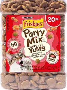 Purina Friskies Natural Cat Treats Party Mix Natural Yums With Real Salmon and Added Vitamins, Minerals and Nutrients - 20 Oz. Canister