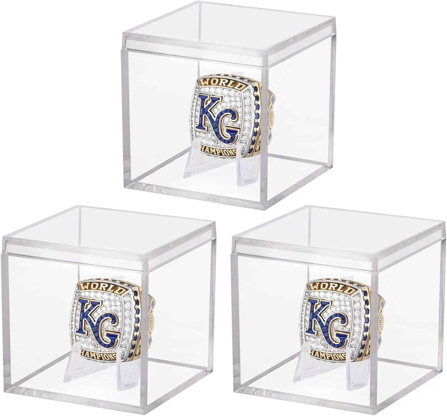 3-Pack Transparent Acrylic Championship Ring Display Boxes - Lightweight, Built-in Stand, Waterproof Toploader Storage Box, Stackable Organiser, Multifunctional Storage Solution for Football, Baseball Rings