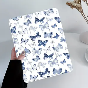 Watercolor blue butterfly pattern, with adjustable stand and pencil holder , foldable non-slip TPU protective case, suitable for Samsung, iPad mini, iPad Air, iPad Pro/iPad 10th generation, 11th generation and other iPad series protective cases.