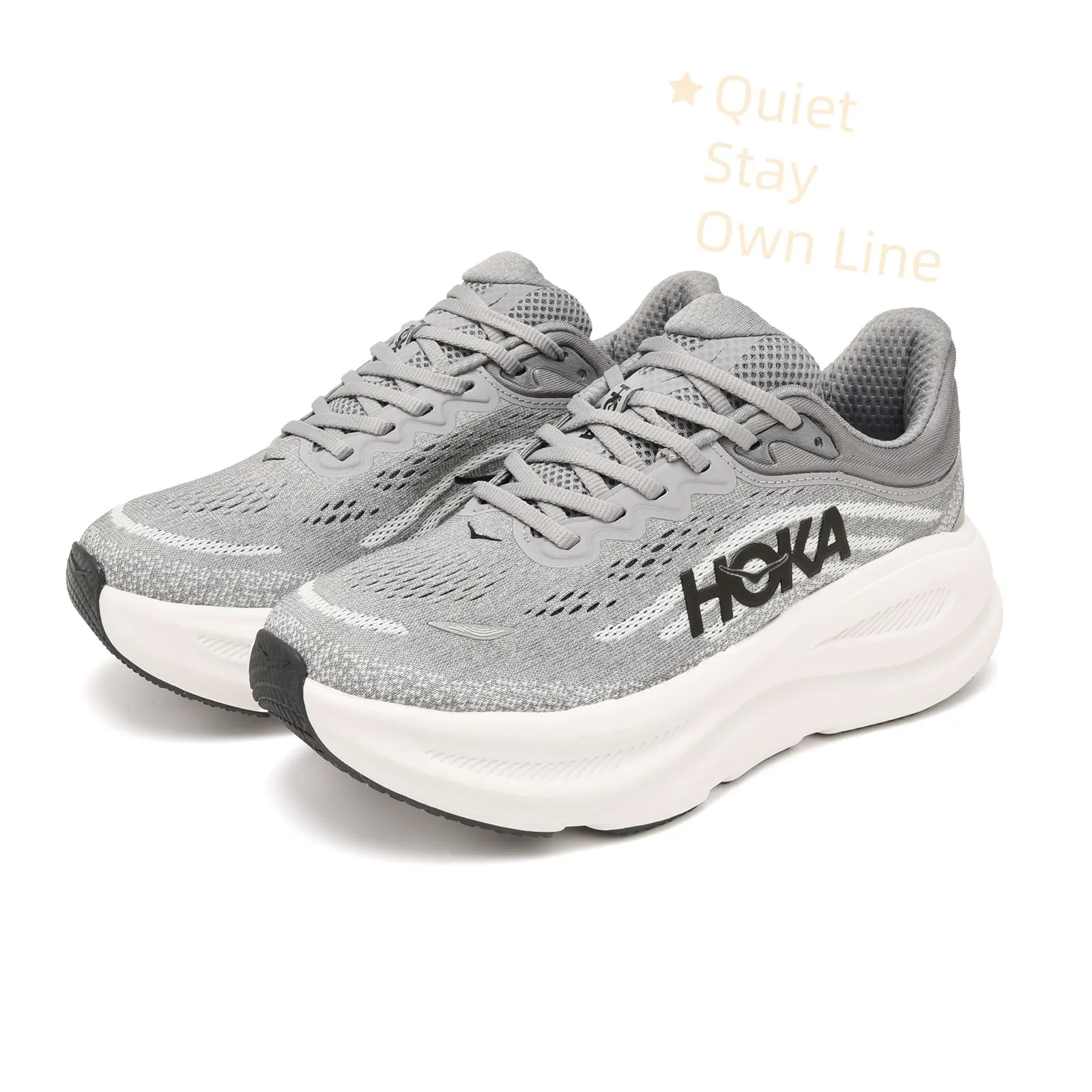 High Rebound Pure White Cushion Thick Sole Speckled Gray Flyknit Breathable Running Sneakers, Low-Key Black Logo Accent Soft Lightweight Unisex Trendy