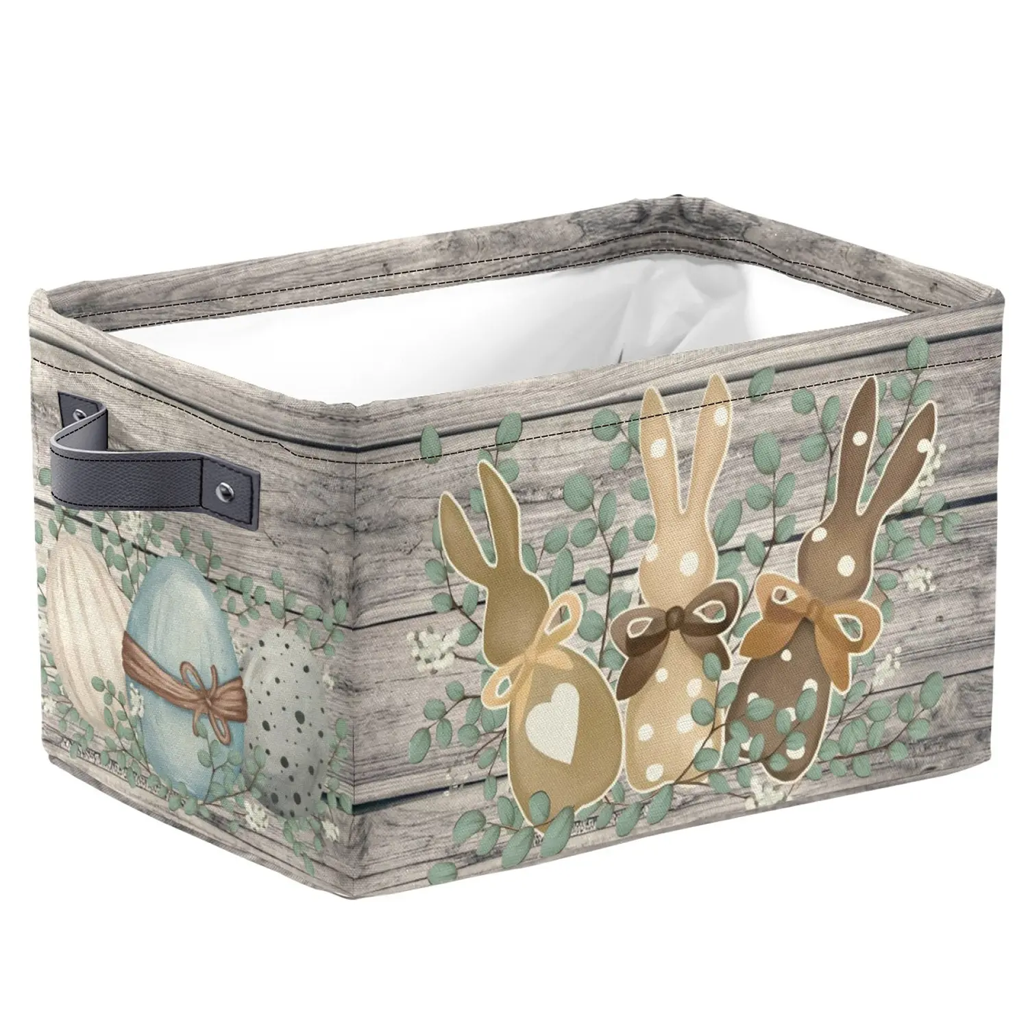 Easter Gift Basket Wood Eucalyptus Bunny Egg Storage Basket with Bow Flower Heart Foldable Rectangular Cube for Clothes Books Shelves