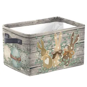 Easter Gift Basket Wood Eucalyptus Bunny Egg Storage Basket with Bow Flower Heart Foldable Rectangular Cube for Clothes Books Shelves