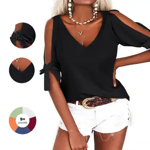 Imily Bela Women's Cold Shoulder Tops Short Sleeve V-Neck Casual Loose Cutout Summer Fashion Tshirts Blouse Shirts