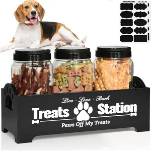 Dog Treat Organizer Dog Food Container for Dog Food Storage, Farmhouse Dog Food Container Pet Food Storage Organizer, Wood Dog Treat Holder with 3 Plastic Cat Dog Treat Jars, Cat Treat Container
