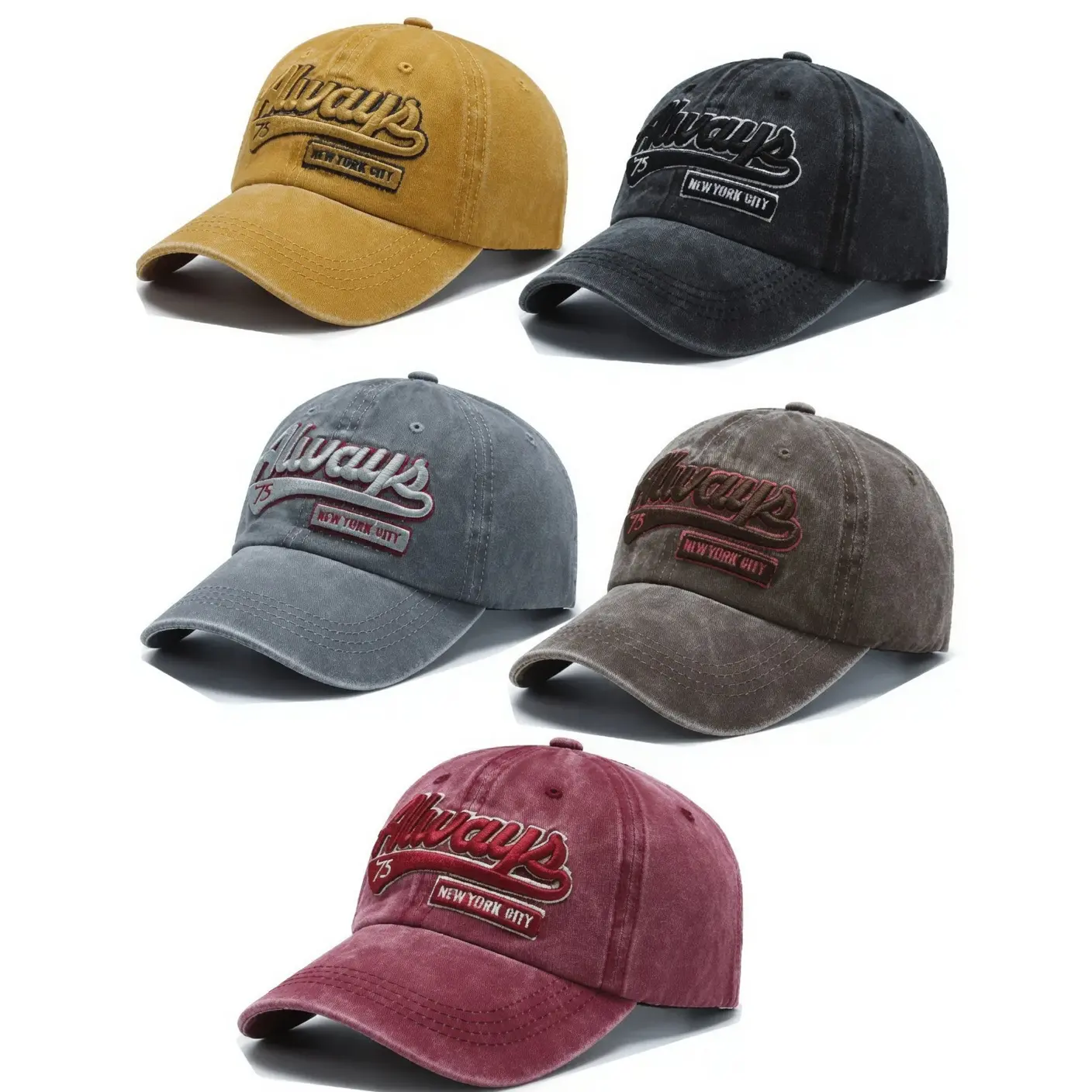 5-Piece Unisex Baseball Cap Set, "Always" Letter Embroidered Cotton Blend Hats, Adjustable Breathable Casual Headwear, Lightweight Sun Protection Caps Suitable for All Seasons, Outdoor Sports, Travel and Daily Casual Outfits