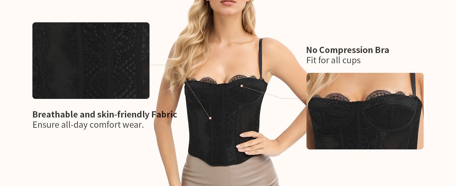 Lace Bustier Corset Tops for Women Going Out Mesh Overbust Adjustable Strap Waist Cincher Crop Bustier Party Rave Date Night Outfit Tank Top