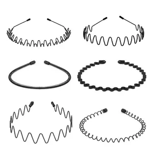 Metal Hair Bands, Spring Wavy Hoop Unisex Black Headband Slicked Back Non Slip Sports Hairband for Women Men
