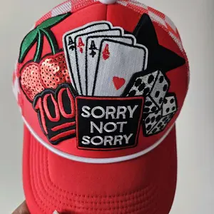 Sorry Not Sorry Statement Trucker Hat Red Graphic Patch Cap with Poker Cards and Cherries Design