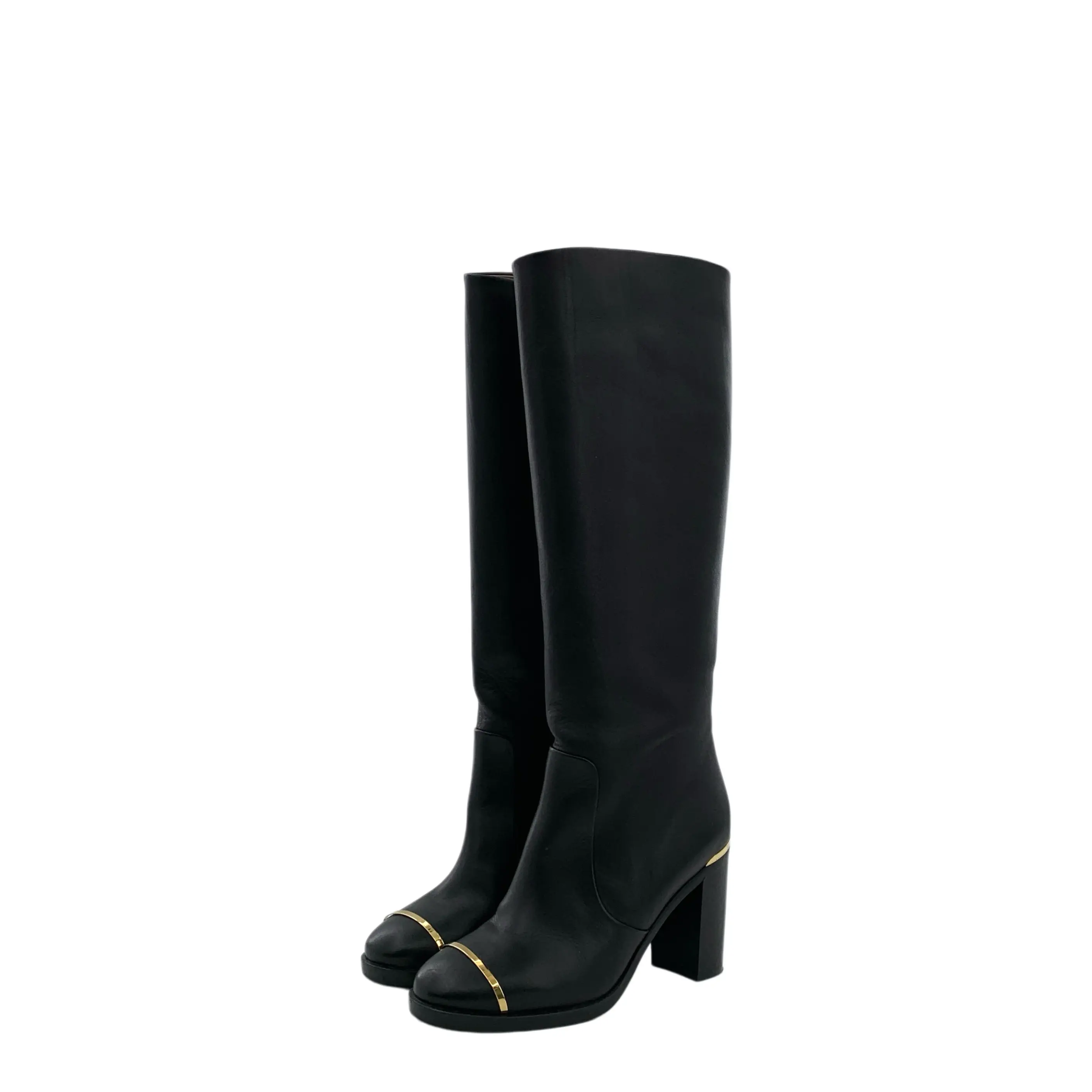 RDLT-Chanel Size 36 Black Round Toe Leather Block Heel Knee High Boots-H37523