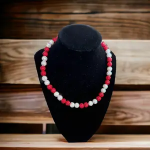Beaded necklace red and white iridescent