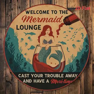 2D flat printing, round metal plaque, welcome to Mermaid Bar, 8-inch round iron signboard wall art, perfect for home décor, garage, living room, porch, and bathroom decorations.