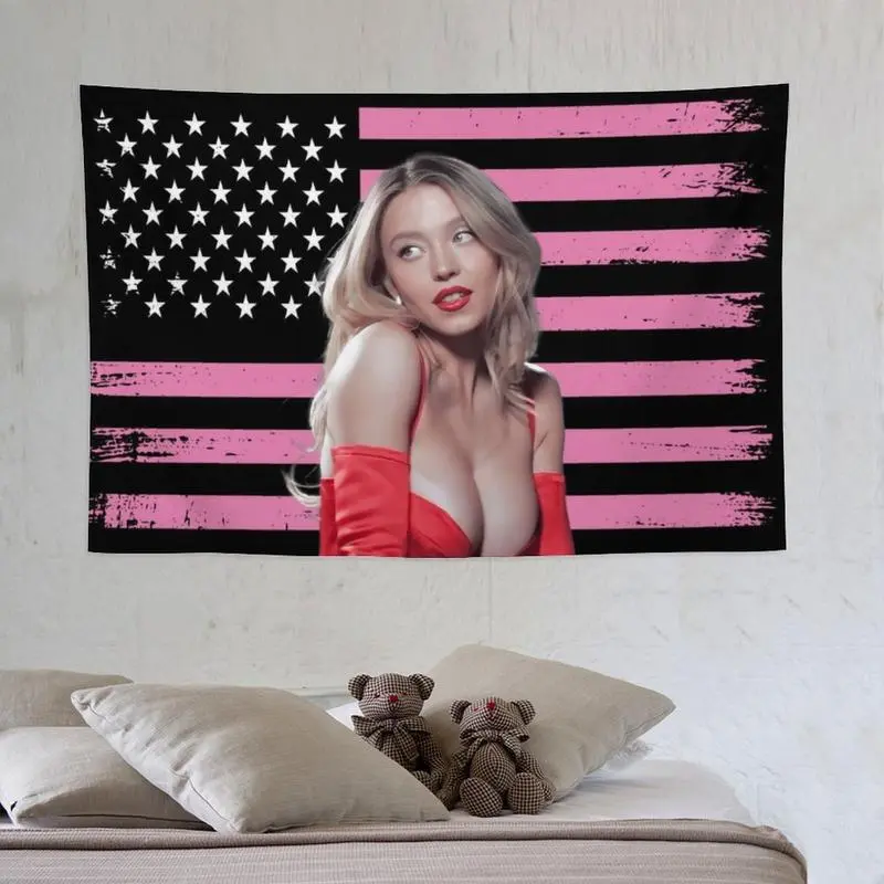 Sydney Star Sweeney Flag Tapestry Wall Art - 40x30in Cotton Linen Printed Poster for College Dorms & Living Rooms - Light Weight Decorative Tapestry White