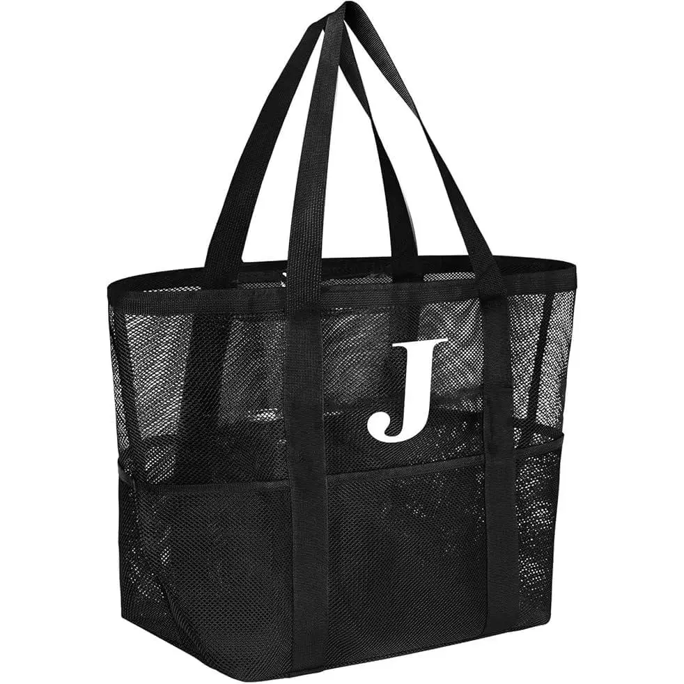 Women's Large Mesh Beach Bag, Personalized Initial Tote with Pockets, Heavy-Duty Sand-Proof Design for Travel & Vacation Essentials, Waterproof, All Over Print, Foldable, Lightweight, Odor-Free, Sporty Chic, Casual, Double Handle, No