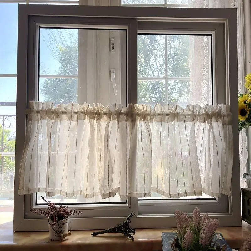 Vintage Farmhouse Half-Transparent Curtain Panel, Rod Pocket Design, Easy Install Curtain, Light Filtering for Kitchen & Dining Room Decor, Home Decoration Curtain, Window Cafe Curtains, Home Decorative Curtain