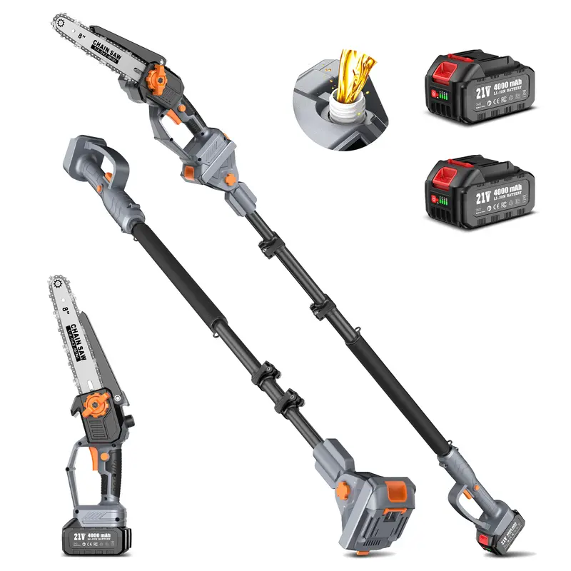 TaskStar 2-in-1 Cordless Pole Saw & 8" Mini Chainsaw - Brushless Motor, Auto Lubrication, Adjustable Head, 15 Ft Max Reach, 2x 4.0 Ah (4000 mAh) Batteries & Charger, 4.2lb Ultra-Lightweight Cordless Cutting Machine, Battery Powered Saw for Tree Trimming