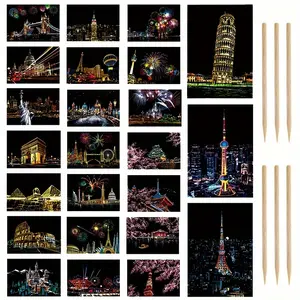 30 Pcs Scratch Art Paper, Rainbow Night View Scratchboard Pads for Adults, 7.9"x5.5" Envelope Postcard Art & Crafts Set with 24 Sheets Scratch Cards & 6 Pcs Wood Scratch Pen (6 Styles)