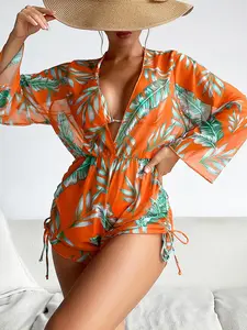 Women's Tropical Print Bikini Set, Halter Neck Tie Back Triangle Bra & Drawstring Side High Waist Romper & High Cut Swim Panty, Women's Beach Swimwear, Halter Bikini Swimsuit, Leaf Print Bikini