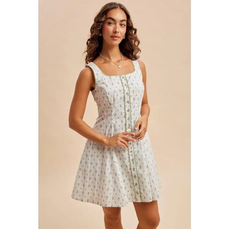 Women's Casual Vintage Blossom Smocked Tie-Back Cotton Mini Dress - Ivory/Sage Green, Fabric