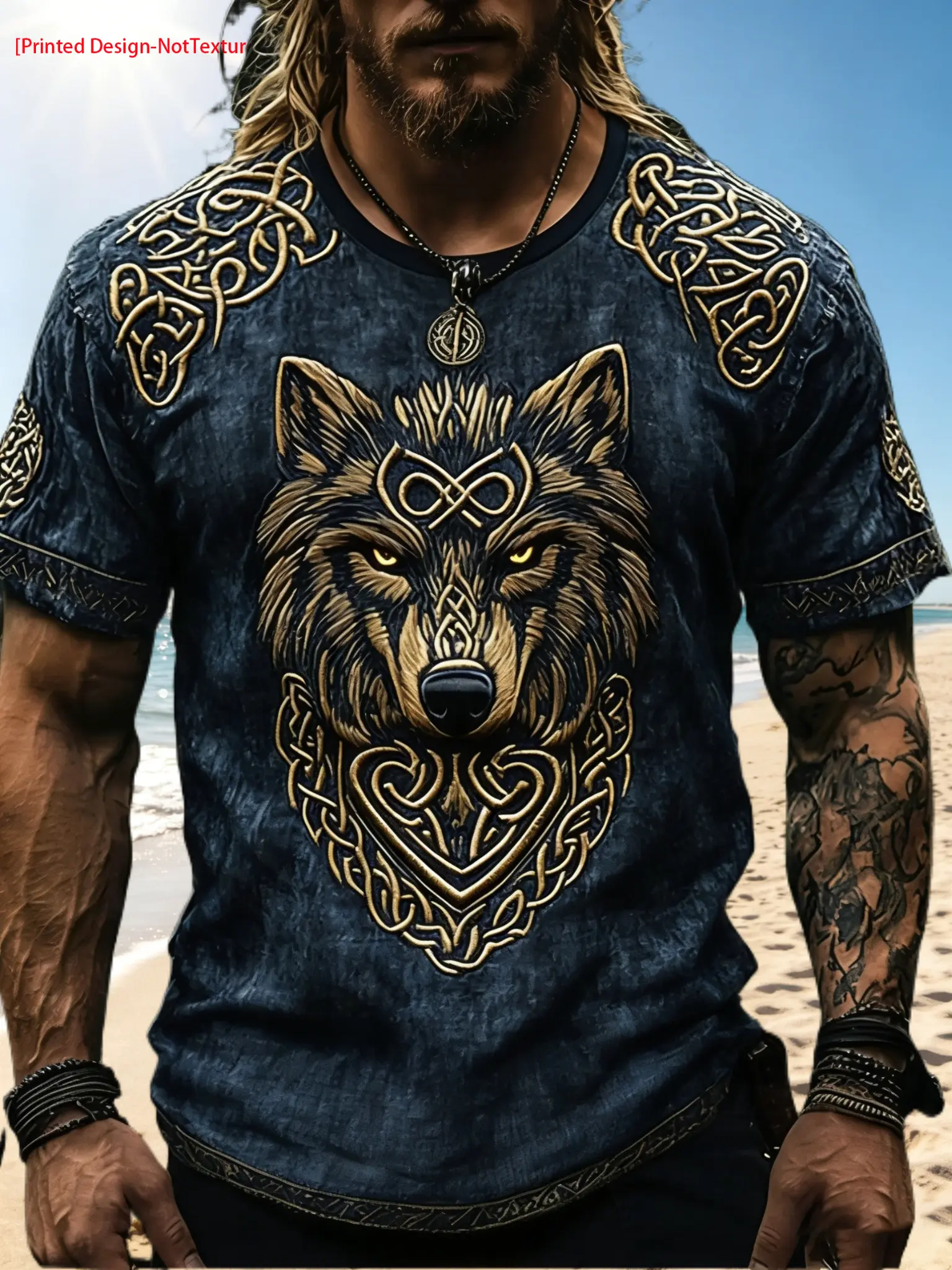 Flat Printing Effect, Men'S Trendy Retro Wolf Head Totem Print Short Sleeve T-Shirt, Viking Style Casual Round Neck Top, Individual Trendy Daily Wear Top