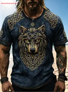 Flat Printing Effect, Men'S Trendy Retro Wolf Head Totem Print Short Sleeve T-Shirt, Viking Style Casual Round Neck Top, Individual Trendy Daily Wear Top