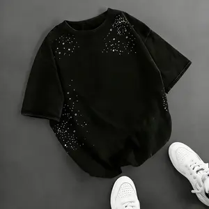 Unisex Instagram-popular short sleeves; men’s rhinestone-sparkling street-style T-shirt; loose short-sleeve crewneck printed T-shirt; men’s rhinestone-embellished T-shirt; street-style loose crewneck short-sleeve T-shirt—versatile and fashionable, perfect