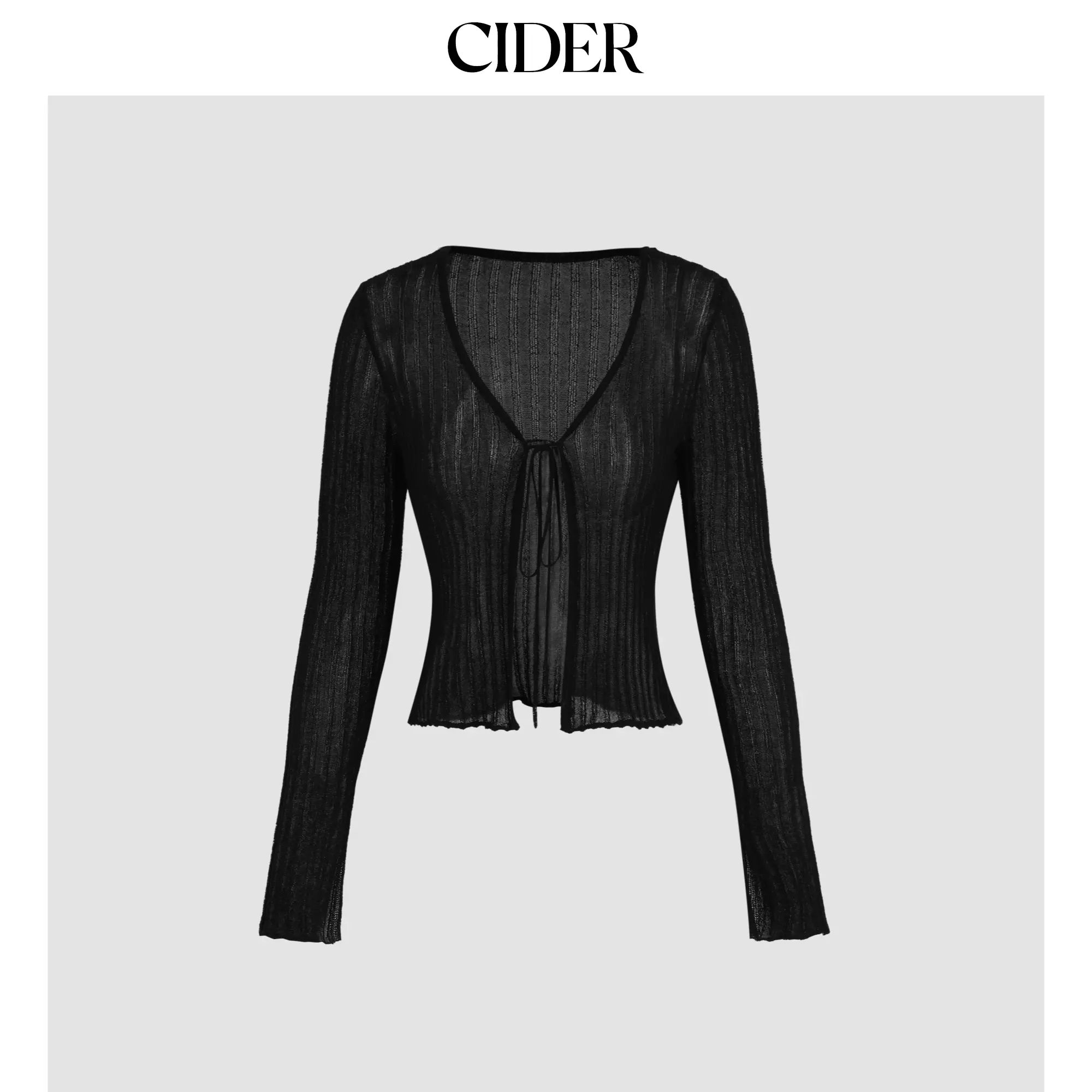 Cider Women's Solid Textured Knotted Cardigan, V-Neck Long Sleeve Sweater Top with Knitted Look, Available in Multi-Size, Solid Colors, Textured Fabric