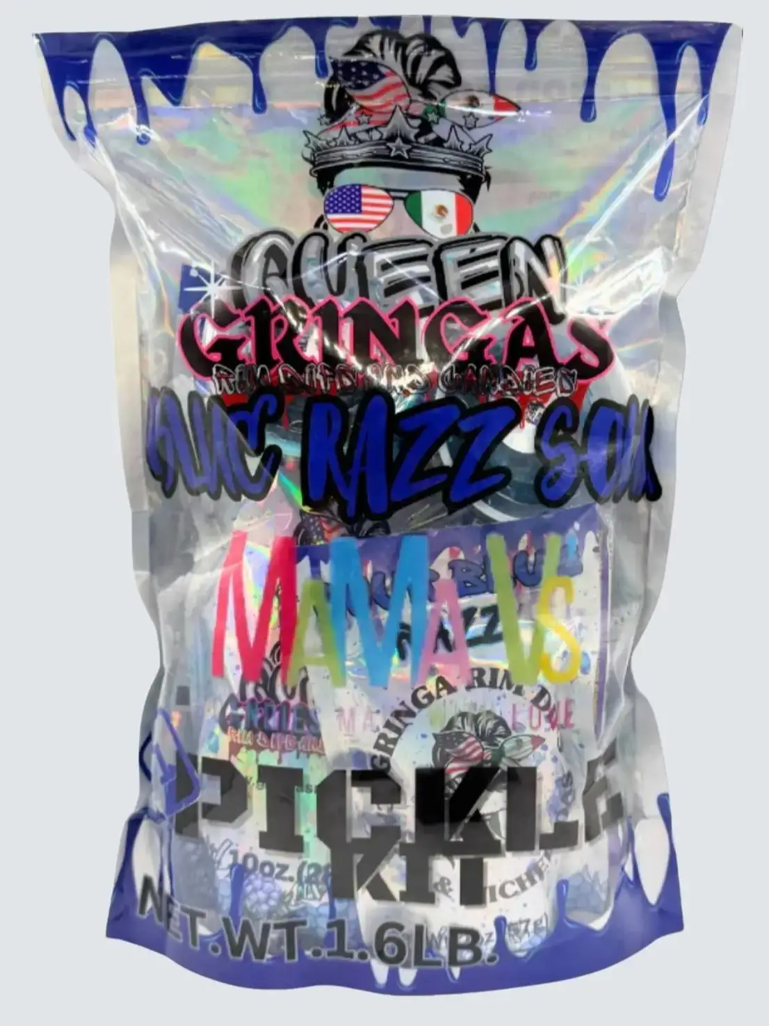 Gringa/Mama V Collab Blue Razz Pickle Kit with candy toppings