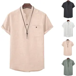 BIGWIG Men's Stand-Collar Button-Up Polo Shirt — Lightweight, Short-Sleeve Tee; Casual, Loose-Fit Solid-Color Top for Summer; Ideal for Business, Office, and Daily Wear