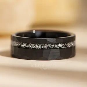 Black Hammered Tungsten Ring, Meteorite Inlay - 8mm