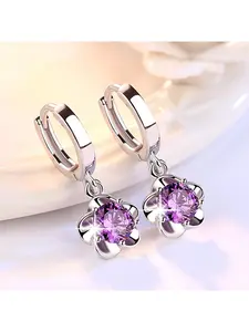 Silver Tone Purple CZ Flower Drop Earrings, Huggie Hoop Earrings with Floral Charm, Elegant Daily Jewelry for Women